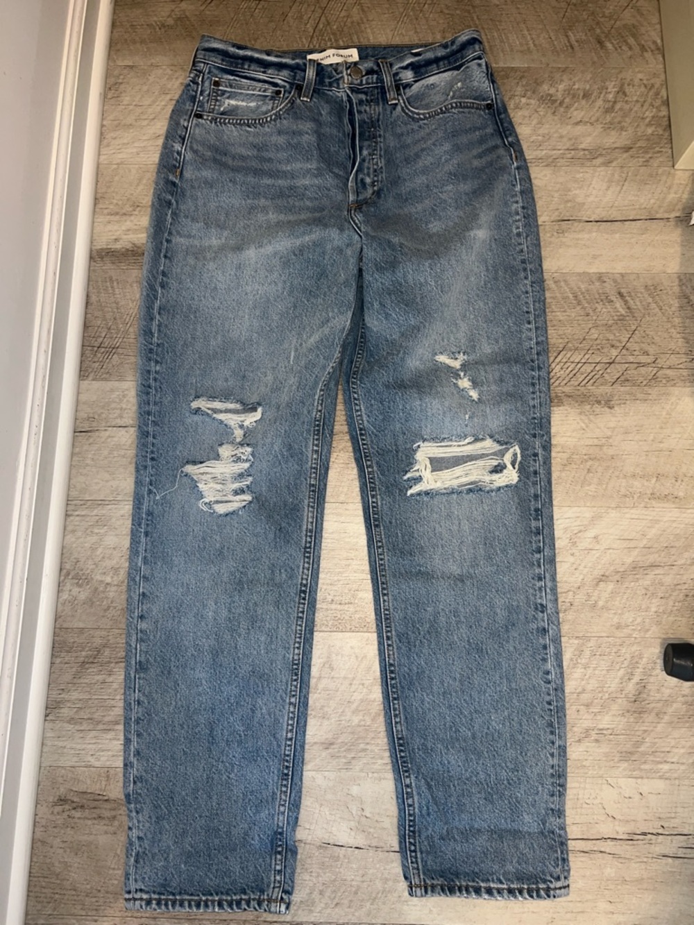 Denim Forum Women’s Blue Distressed The Boyfriend High Rise Loose Jeans, 28L